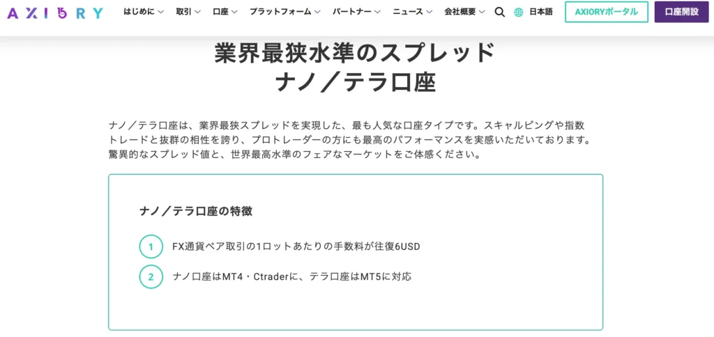 海外fxスプレッド第8位はaxioryのナノ/テラ口座