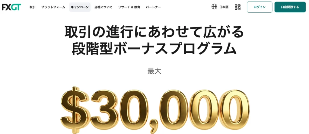 海外fx入金ボーナス4位はfxgtの最大3万ドル入金ボーナスプログラム