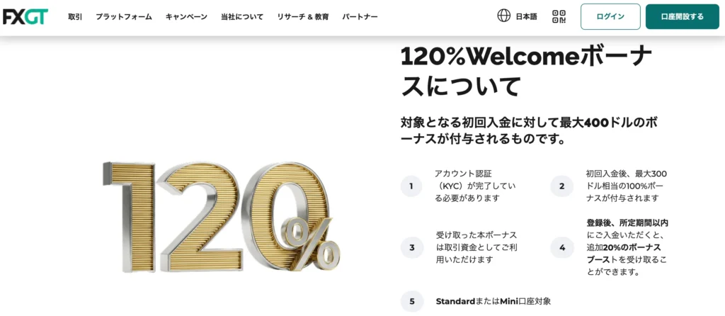 Welcome入金ボーナス（最大120%）